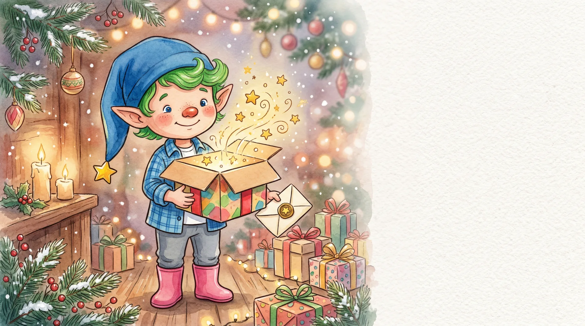 Willi der Wichtel haelt eine Geschenkbox mit goldenen Sternen